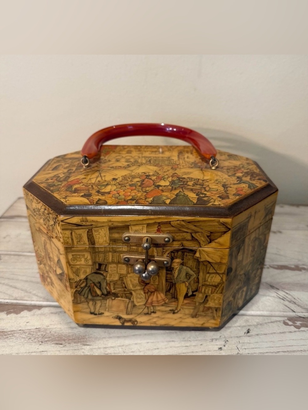 Vintage Anton Pieck Decoupage Wood Octagon Box Purse Red Lucite Handle 70s